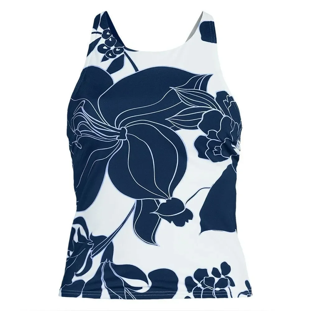 Land's End Plus Tankini Top High Neck Strappy Back Black tropical scene Various